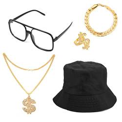 KINBOM 80er 90er Kostüm Outfit, Hip Hop Kostüm Set Ausgefallene Kleidung Fischerhut Gefälschte Goldkette Goldener Ring Schwarze Brille 80er 90er Accessoires für Herren Jungen Damen von KINBOM