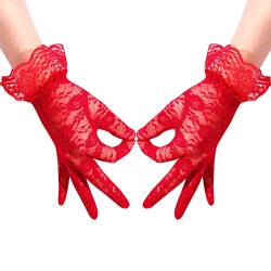 KINBOM Spitzenhandschuhe Damen Elegante Kurze Handschuhe Fischnetz-Spitzenhandschuhe Wunderschöne Handgelenk-Brauthandschuhe Hochzeit Tea Party Prom Cosplay 1920er (Rot) von KINBOM