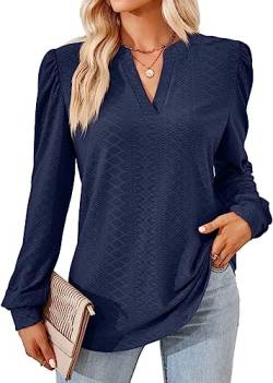 KINGDOLA Frauen Mode Hemd Langarm Shirts einfarbig V-Ausschnitt Jacquard Knopf lose Satin Longsleeve Damen Top Herbst Winter (Blau, S) von KINGDOLA