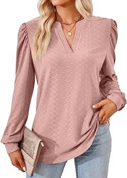 KINGDOLA Frauen Mode Hemd Langarm Shirts einfarbig V-Ausschnitt Jacquard Knopf lose Satin Longsleeve Damen Top Herbst Winter (Rosa, M) von KINGDOLA