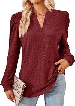 KINGDOLA Frauen Mode Hemd Langarm Shirts einfarbig V-Ausschnitt Jacquard Knopf lose Satin Longsleeve Damen Top Herbst Winter (Rot, L) von KINGDOLA