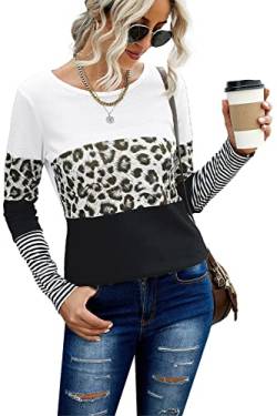 KINGFEN Damen Bluse Langarm T-Shirt Damen Winter Pullover Damen Tunika Basic Langarmshirt Casual Oberteile Farbblock Tops Leopard Schwarz XL von KINGFEN