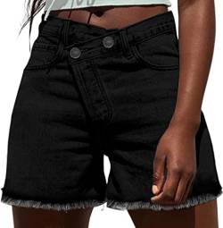 KINGFEN Damen Denim Shorts Hohe Taille Gerades Bein Raw Hem Sommer Hotpants mit Taschen, A-schwarz, 40-42 von KINGFEN