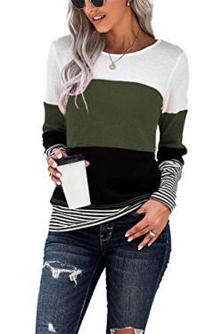 KINGFEN Damen Pullover Herbst Lang Tshirt Langarmshirt Damen Winter Oberteile Damen Gestreift Longshirt Damen Bluse Damen Elegant Damen Pullover Longsleeve Damen Grün L von KINGFEN