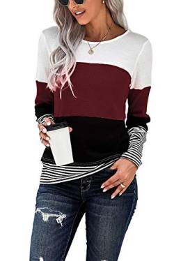 KINGFEN Damen Pullover Langarm T-Shirts Gestreifter Rundhalsausschnitt Oversized Patchwork Waffelstrick Tops Größe 32-50, Weinrot, 46-48 von KINGFEN