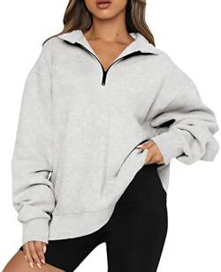 KINGFEN Damen Sweatshirt Reißverschlusskragen Tops für Damen Einfarbig Langarmshirt Damen Oberteile Damen Tops Herbst Winter Warm Pullover Damen Tops Oversized Lose Casual Longsleeve Damen GrauM von KINGFEN