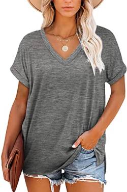 KINGFEN Damen-T-Shirt, V-Ausschnitt, kurze Ärmel, Sommer, lose Seitenteil, lässig, einfarbig, Tops, A-Grau, 40-42 von KINGFEN