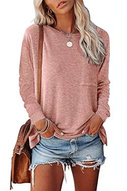 KINGFEN Damen Tshirt Baumwolle Langarmshirt Damen Herbst Pullover Damen Longsleeve Damen Rundhalsausschnitt Oversized Tshirt Damen Einfarbige Wintertop Damen Elegant Lang Tops Für Damen Rosa M von KINGFEN