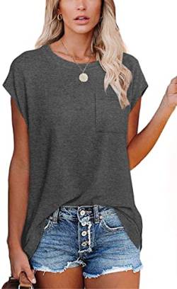 KINGFEN Damen Tshirt Sommer Bluse Elegant Kurzarm Oberteile Basic T-Shirt Locker Shirt Einfache Tops Casual Pullover mit Brusttasche Blusenshirt Tunika Lässig Longshirt Grau M von KINGFEN