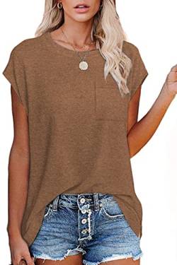 KINGFEN Damen Tshirt Sommer Bluse Elegant Kurzarm Oberteile Basic T-Shirt Locker Shirt Einfache Tops Casual Pullover mit Brusttasche Blusenshirt Tunika Lässig Longshirt Khaki XL von KINGFEN