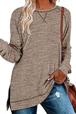 KINGFEN Longpullover für Damens Elegant Pullover Tunika Damen Langarm Shirt Vogue Ladies Grosse Große Longpullover Tops Langarmshirt Bluse Top Khaki M von KINGFEN