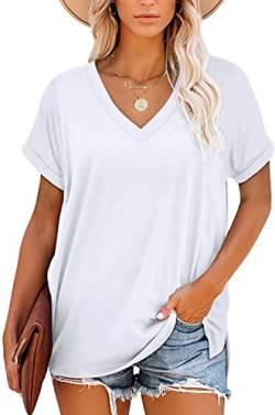 KINGFEN Shirt Damen Kurzarm einfarbige t-Shirts V-Ausschnitt Einfarbig Frauen T-Shirt Casual Klamotten Damen Basic Kurzarm Damen White L von KINGFEN