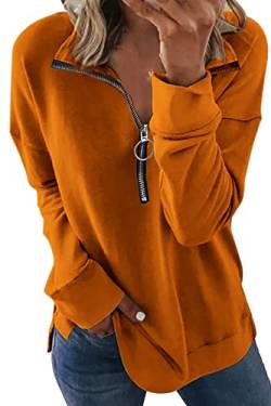 KINGFEN Sweatshirt Damen Mit 1/4 Reißverschlus Lässig Pullover Damen Elegant Sport Sweatshirt Damen Winter Einfarbig Oversize Longshirt Damen Lässig Sweatshirt Damen Winter Frau Orange XXL von KINGFEN