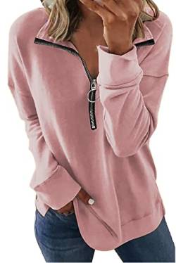 KINGFEN Sweatshirt Damen Pullover Damen Winter Pullover Oversize Pullover Reißverschlusskragen Einfarbig Lässig Langarmshirt Damen Modern Langarmshirt Damen Casual Sweatshirt Frau Rosa L von KINGFEN