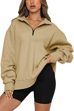 KINGFEN Sweatshirt Damen Reißverschlusskragen Einfarbig High Neck Langer Pullover Damen Winter Warm Casual Einfarbig Langarmshirt Damen Oberteile Damen Khaki XL von KINGFEN