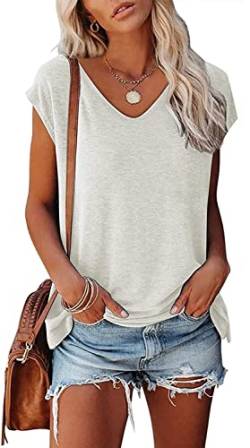 KINGFEN Tshirt Damen V Ausschnitt Basic Kurzarm Damen Casual Top Sommer T-Shirts für Damen Weiß L von KINGFEN