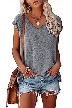 KINGFEN Tshirt Damen V Ausschnitt Basic Oversize Kurzarm Damen Casual Tops Sommer Grau L von KINGFEN