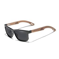 KINGSEVEN Design Holz Polarisierte Rechteckige Sonnenbrille für Herren, Walnuss-Holzrahmen Verspiegelte Brille zum Fahren W5508 (Schwarz) von KINGSEVEN