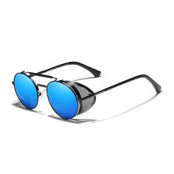 KINGSEVEN Echte Retro Runde Steampunk Sonnenbrille Männer Retro Frauen Sonnenbrille Sonnenbrille Sonnenbrille Vintage Reisebrille Gafas De Sol 7550 (Schwarz Blau) von KINGSEVEN