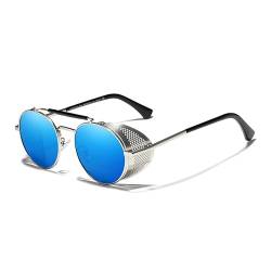 KINGSEVEN Echte Retro Runde Steampunk Sonnenbrille Männer Retro Frauen Sonnenbrille Sonnenbrille Sonnenbrille Vintage Reisebrille Gafas De Sol 7550 (Silber Blau) von KINGSEVEN