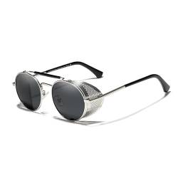 KINGSEVEN Echte Retro Runde Steampunk Sonnenbrille Männer Retro Frauen Sonnenbrille Sonnenbrille Sonnenbrille Vintage Reisebrille Gafas De Sol 7550 (Silber Grau) von KINGSEVEN