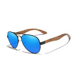 KINGSEVEN Handgefertigte Holzsonnenbrille Polarisierte Herrenbrille UV400 Schutzspiegel Brillen Holzbügel Z5518 (Blau) von KINGSEVEN