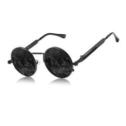 KINGSEVEN Hohe Qualität Gothic Steampunk Sonnenbrille Polarisierte Männer Frauen Marke Designer Vintage Runde Metallrahmen Sonnenbrille (Schwarz Grau) von KINGSEVEN