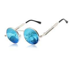 KINGSEVEN Hohe Qualität Gothic Steampunk Sonnenbrille Polarisierte Männer Frauen Marke Designer Vintage Runde Metallrahmen Sonnenbrille (Silber Blau) von KINGSEVEN