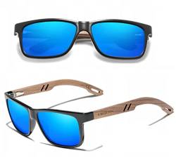 KINGSEVEN Holz Sonnenbrille für Herren und Damen I Unisex Handgefertigte Polarisierte Brille mit Holzbügeln aus Walnuss I UV400-Schutz I Modische Spiegelgläser I Blau von KINGSEVEN