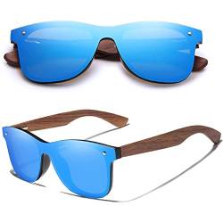 KINGSEVEN Holz Sonnenbrille für Herren und Damen I Unisex Polarisierte Sonnenbrille mit Holzbügeln aus Walnuss I UV400-Schutz I Modische Rahmenlose Spiegelgläser I 5504 Blau von KINGSEVEN