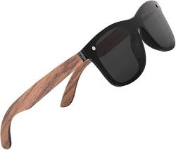 KINGSEVEN Holz Sonnenbrille für Herren und Damen I Unisex Polarisierte Sonnenbrille mit Holzbügeln aus Walnuss I UV400-Schutz I Modische Rahmenlose Spiegelgläser I Schwarz von KINGSEVEN