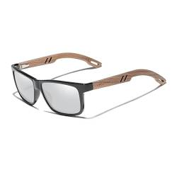 KINGSEVEN Marke Design TR90 + Walnuss Holz Handgemachte Sonnenbrille Männer Polarisierte Brillen Zubehör Sonnenbrille Verstärktes Scharnier (Schwarz Silber) von KINGSEVEN