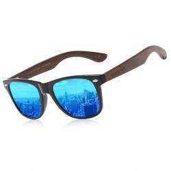 KINGSEVEN Neue schwarze Walnuss-Sonnenbrille, Holz, polarisierte Sonnenbrille, Herrenbrille, handgefertigt, UV400-Schutz, Brillen, Retro-Lederbox (Blau) von KINGSEVEN