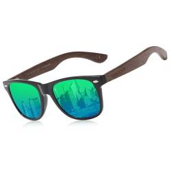 KINGSEVEN Neue schwarze Walnuss-Sonnenbrille, Holz, polarisierte Sonnenbrille, Herrenbrille, handgefertigt, UV400-Schutz, Brillen, Retro-Lederbox (Grün) von KINGSEVEN