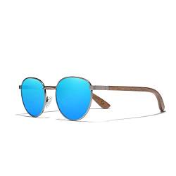 KINGSEVEN Nussbaumholz Runde Sonnenbrille Männer Frauen Polarisierte Verspiegelte Stilvolle Retro-Brille W5519 (Blau) von KINGSEVEN
