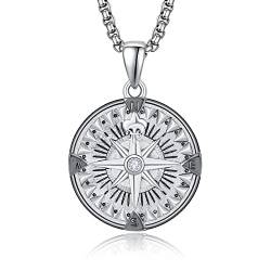 KINGWHYTE Herrenschmuck 925 Sterling Silber Kompass Halskette Coole Halsketten Silber Anhänger Inspirierende Abschlussgeschenke für Männer Jungen mit Edelstahl Perlenkette 22+2 Zoll (60cm) von KINGWHYTE