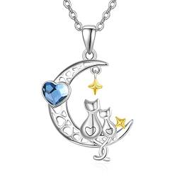 KINGWHYTE Kette Katze 925 Sterling Silber Kristall Anhänger Katze auf Mond Anhänger Halskette Schmuck Geschenke für Frauen Ihre Frau Mädchen (Kette Katze B) von KINGWHYTE