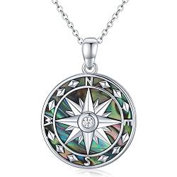 KINGWHYTE Kompass Halskette 925 Sterling Silber Wikinger Abalone Anhänger Vegvisir Kette Schmuck Geschenke für Männer und Frauen 18 Zoll + 2 Zoll Silberkette, Sterling Silber von KINGWHYTE