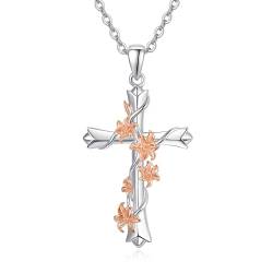 KINGWHYTE Kreuz Halskette 925 Sterling Silber Kruzifix Anhänger mit Rose Charme christliches Geschenk für Frauen von KINGWHYTE