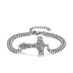 KINGWHYTE Thors Hammer Mjolnir Armband 925 Sterling Sliver Vintage Viking -Armband für Männer Frauen mit Edelstahlkette 7+2 Zoll von KINGWHYTE