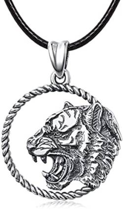 KINGWHYTE Tiger Halskette 925 Sterling Splitter Gothic Tiger Geschenke Tierschmuck mit Lederseil 50cm für Männer Frauen Jungen von KINGWHYTE