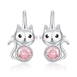 Katze Ohrringe mit Rosa Zirkonia Creolen, KINGWHYTE 925 Sterling Silber Hängend Damen Hängeohrringe, Süßer Tier Kinder Ohrstecker Schmuck, Mädchen Tierohrringschmuck… von KINGWHYTE