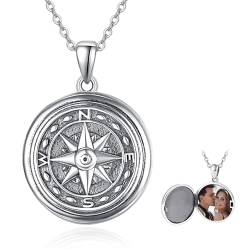 Medaillon Halskette Sterling Silber Kompass Foto Medaillon Memory Anhänger Halskette für Frauen Männer Mädchen - 18 "+ 2" Silberkette … von KINGWHYTE