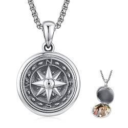 Sterling Silber Medaillon Halskette Kompass Foto Medaillon Memory Anhänger Halskette für Frauen Männer Mädchen Mit Leder Seillänge 20 Zoll (50 cm) … von KINGWHYTE