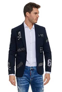 KINGZ DISTRIQT Herren Sakko mit Strass veredelt, Herren Blazer Designer Jacke, Totenkopf Sakko, Blazer Skull 2291-1 Blau 50 von KINGZ