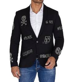 KINGZ DISTRIQT Herren Sakko mit Strass veredelt, Herren Blazer Designer Jacke, Totenkopf Sakko, Blazer Skull 2291-1 Schwarz 46 von KINGZ