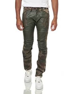 KINGZ Herren Jeans Hose Biker Camouflage Hose Slim Fit Design Denim Jeanshose Kunstleder Grün W36/L34 von KINGZ