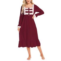 KINLYBO Frauen Pyjama Kleid Vintage Langarm Casual Viktorianischen Stil Nachthemd, weinrot, 38 von KINLYBO