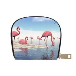 KIROJA Tropischer Sonnenuntergang Leder Kartenfächer Kreditkartenetui Kleine Kartenetui mit Reißverschluss für Damen/Herren, Akkordeon-Kartenetui, Flock of Pink Flamingos on the Beach, Einheitsgröße von KIROJA
