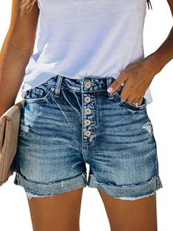 KISSMODA Denim-Shorts für Damen, hohe Taille, Knopfleiste, zerrissene Raw Jeans-Shorts für Damen, A-Blau, 42-44 von KISSMODA